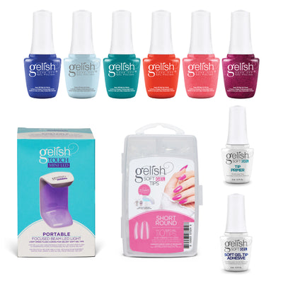 Gelish 110 Tip Kit w/ Mini Cure Light & Soak Off Gel Makin' A Splash, 6 Colors