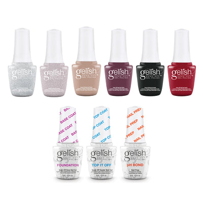 Gelish 9mL Soak Off Gel Nail Polish 6 Color Set Bundle w/ Trio Essentials Kit