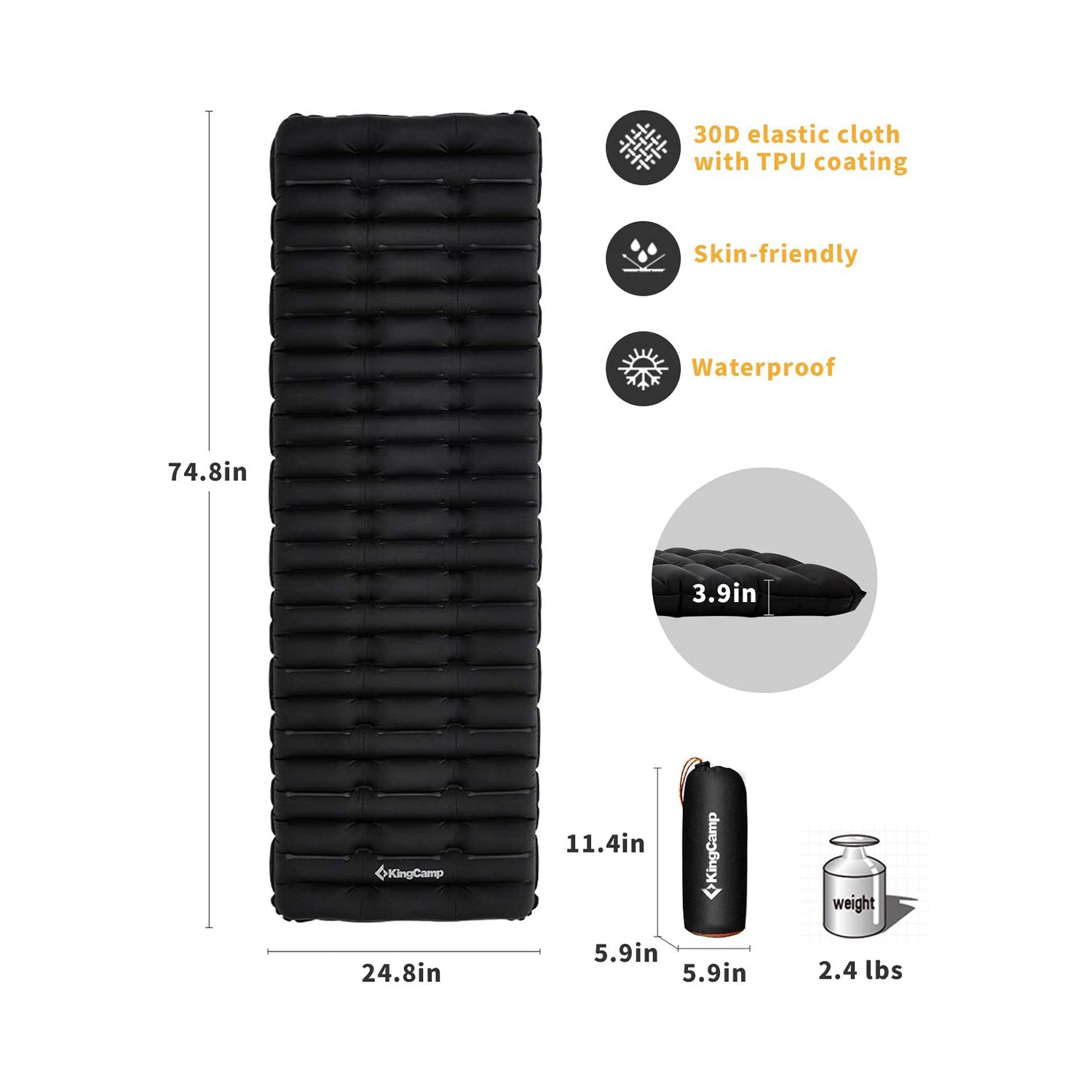KingCamp 74.8 x 24.8 Inch Outdoor Waterproof Inflatable Sleeping Pad, Black - VMInnovations