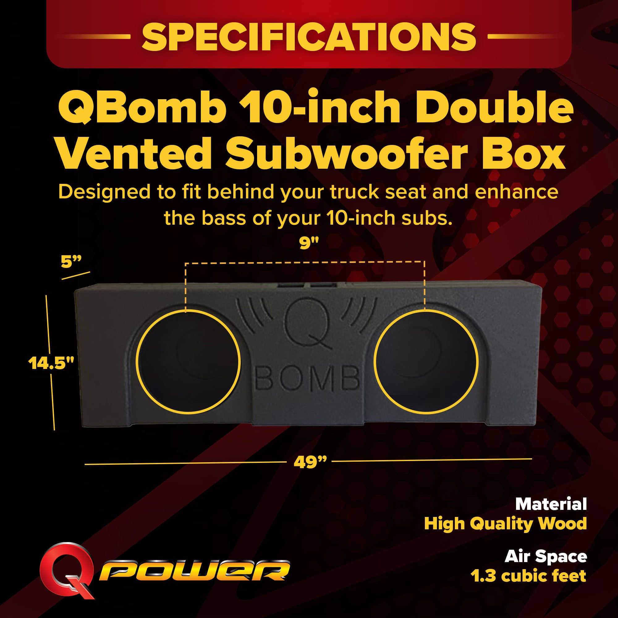 QPower QBomb Double 10 Inch Vented Subwoofer Speaker Box with Black Bed Liner - VMInnovations