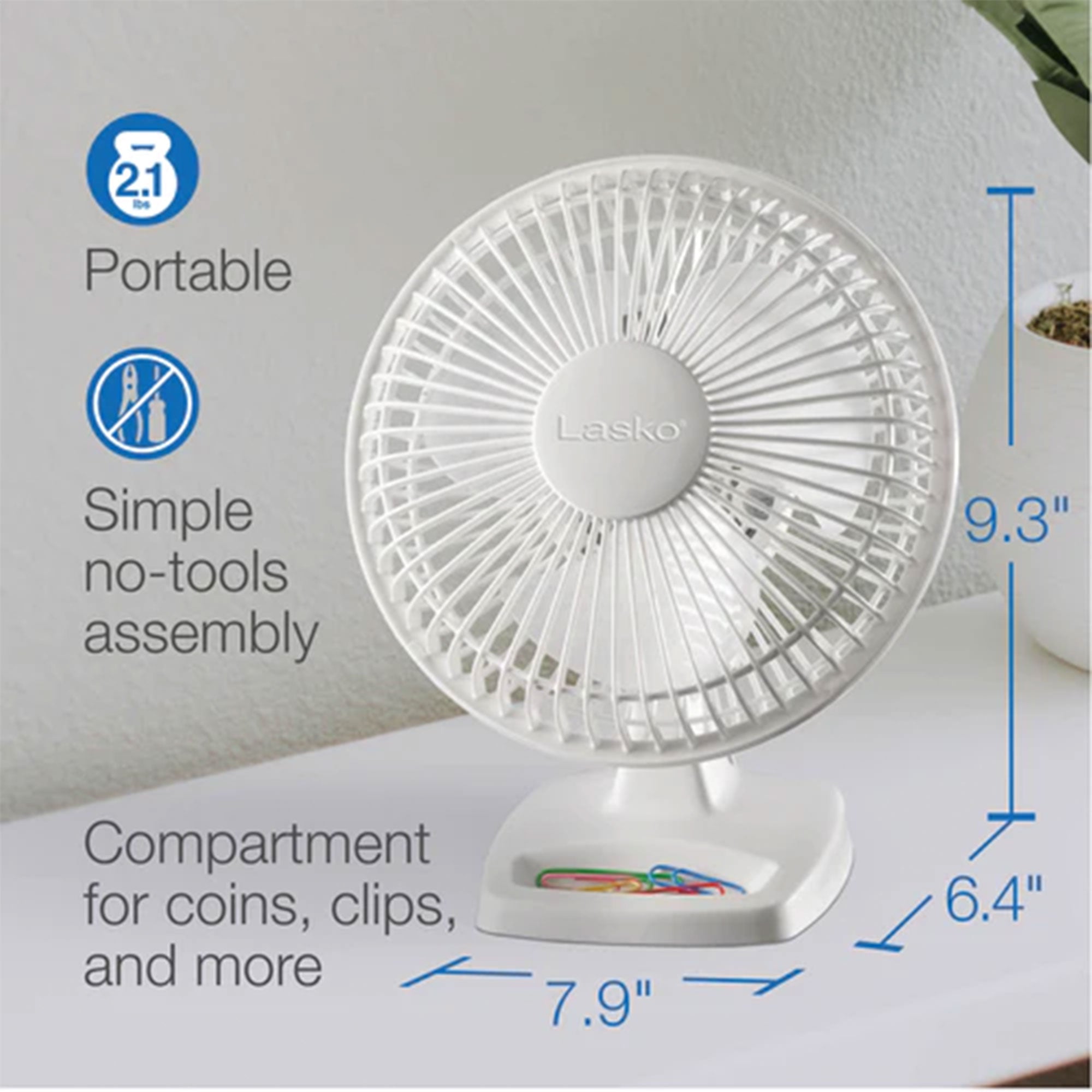 Lasko 6 Inch 2002W 2 Speed Personal Portable Table Fan with Storage Tray, White - VMInnovations