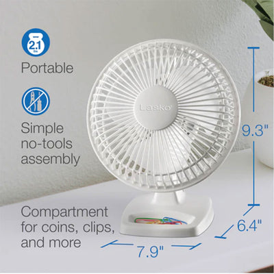 Lasko 6" 2 Speed Personal Portable Table Fan with Storage Tray, White (Used) - VMInnovations