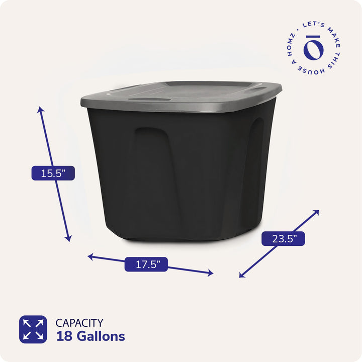 Homz 6618BKTS.08 18 Gallon Durable Molded Plastic Storage Bin w/ Lid, Black/Gray