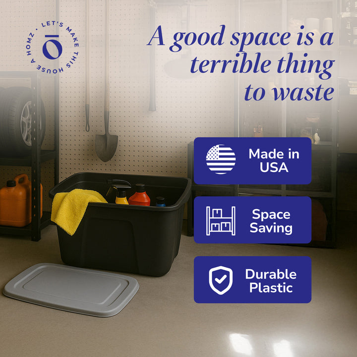 Homz 6618BKTS.08 18 Gallon Durable Molded Plastic Storage Bin w/ Lid, Black/Gray