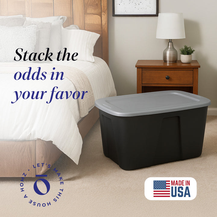 Homz 6630BKTS.06 32 Gallon Durable Molded Plastic Storage Bin w/ Lid, Black/Gray
