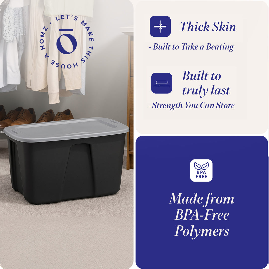 Homz 6630BKTS.06 32 Gallon Durable Molded Plastic Storage Bin w/ Lid, Black/Gray