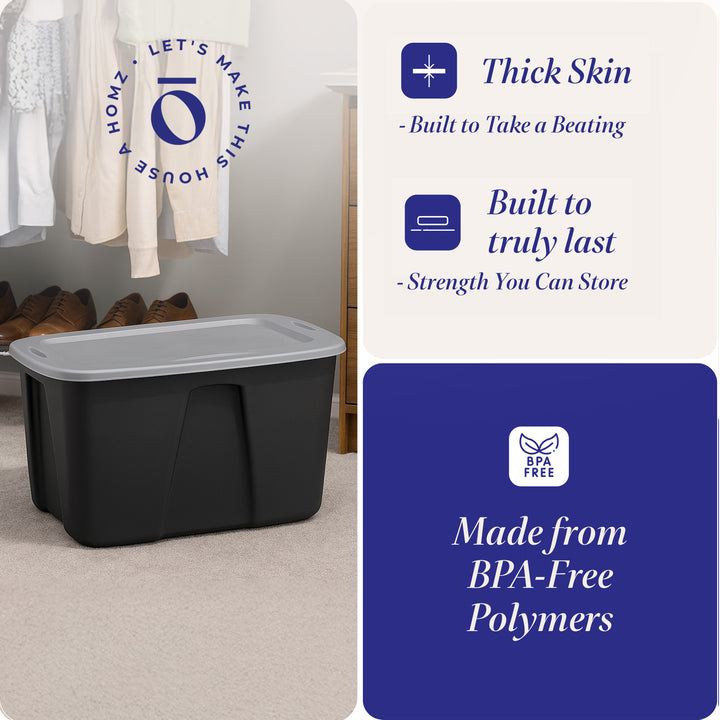 Homz 6630BKTS.06 32 Gallon Durable Molded Plastic Storage Bin w/ Lid, Black/Gray