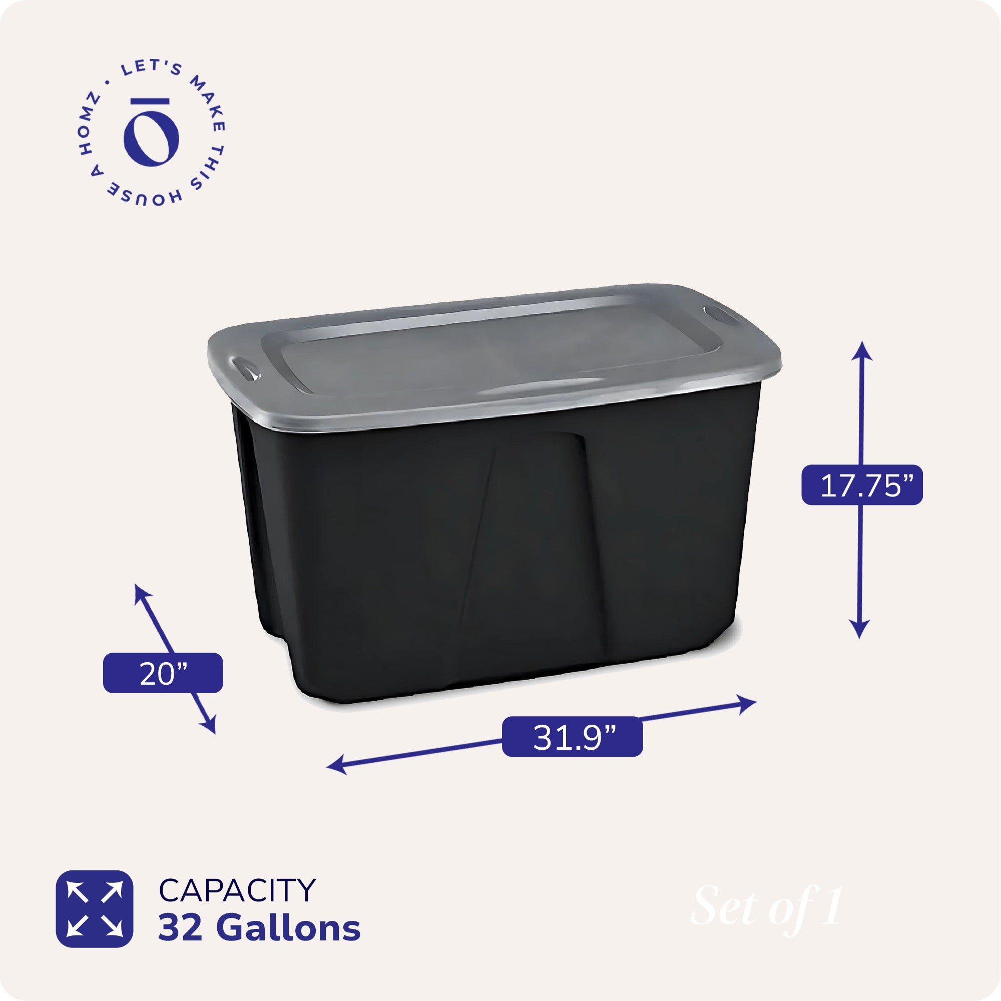 Homz 6630BKTS.06 32 Gallon Durable Molded Plastic Storage Bin w/ Lid, Black/Gray - VMInnovations