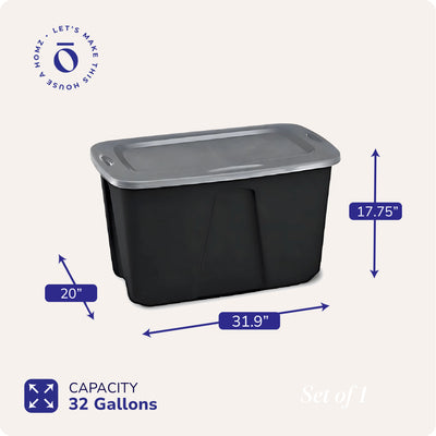 Homz 6630BKTS.06 32 Gallon Durable Molded Plastic Storage Bin w/ Lid, Black/Gray - VMInnovations