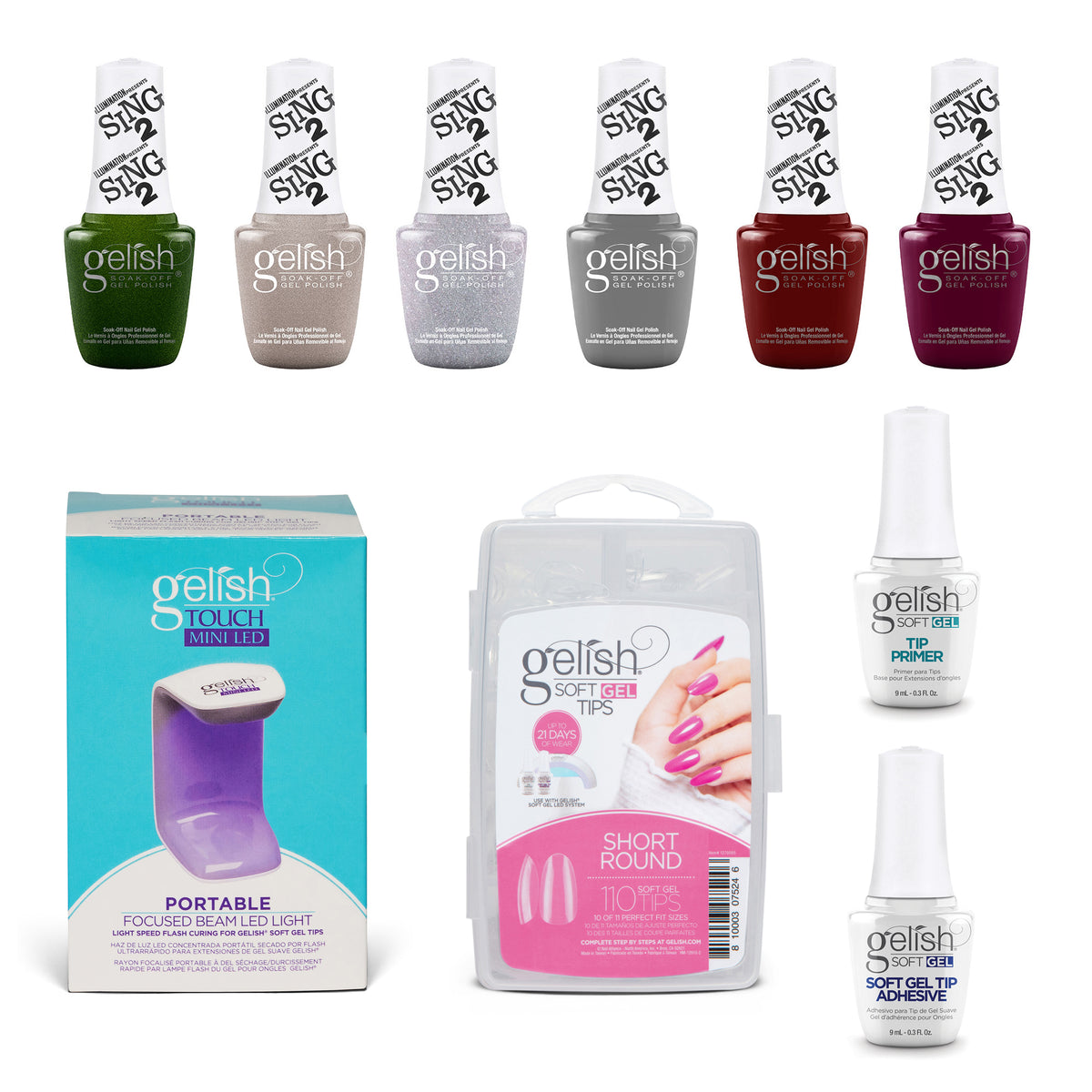 Gelish 110 Tip Kit w/ Mini Cure Light & Soak Off Gel Winter Sing 2, 6 Polishes