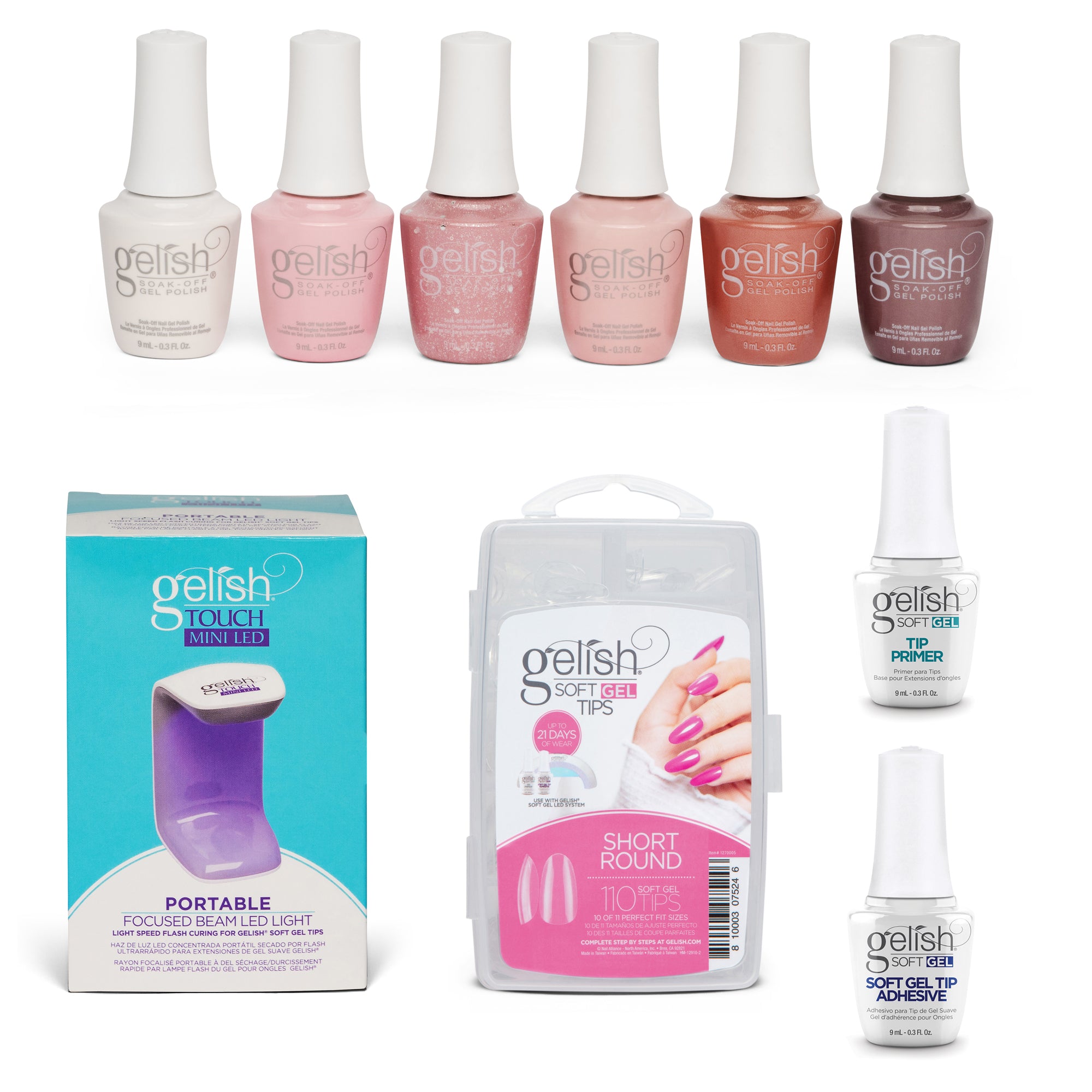 Gelish 110 Tip Kit w/ Mini Cure Light & Soak Off Gel Pretty in Pink, 6 Colors