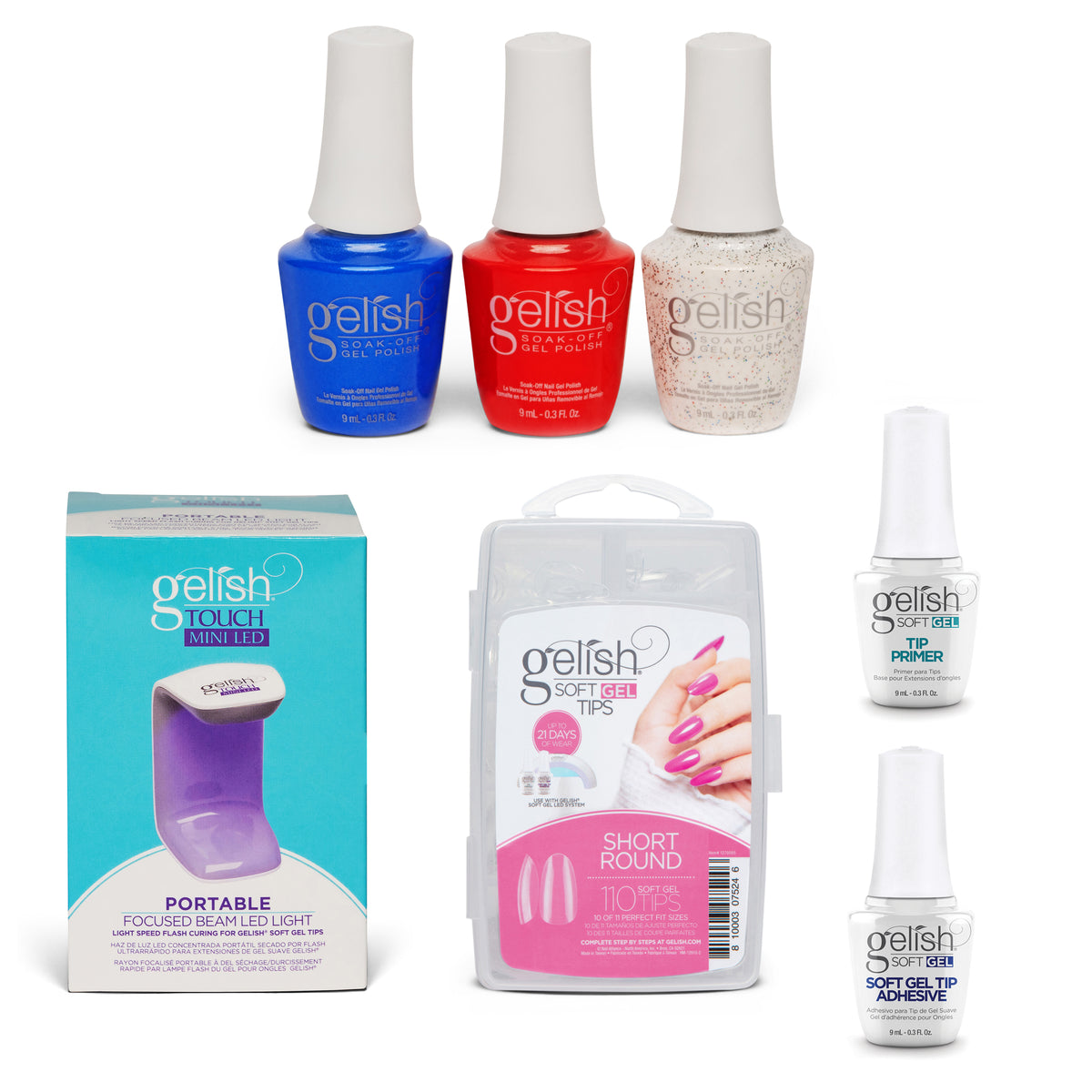 Gelish 110 Tip Kit w/ Mini Cure Light & Soak Off Gel Americana Set, 3 Colors