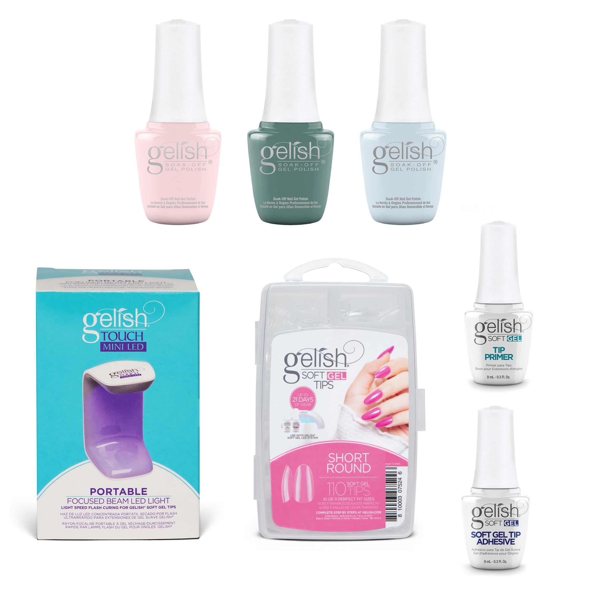 Gelish 110 Tip Kit w/ Mini Cure Light & Soak Off Gel 2022 Full Bloom, 3 Colors - VMInnovations