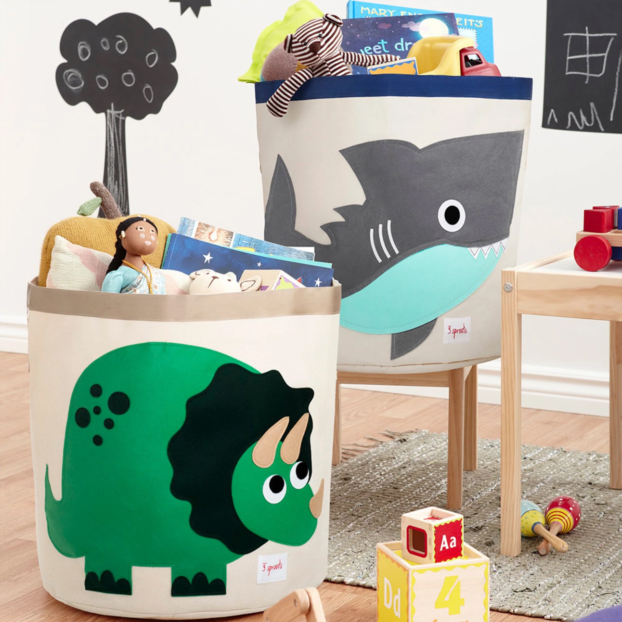 3 Sprouts Canvas Storage Bin Laundry and Toy Basket for Kids, Shark and Sloth