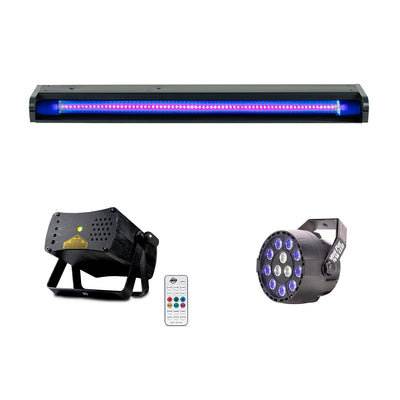 ADJ Green & Red Laser w/ Remote & Black Light Strip Bar & UVW LED Hanging Light