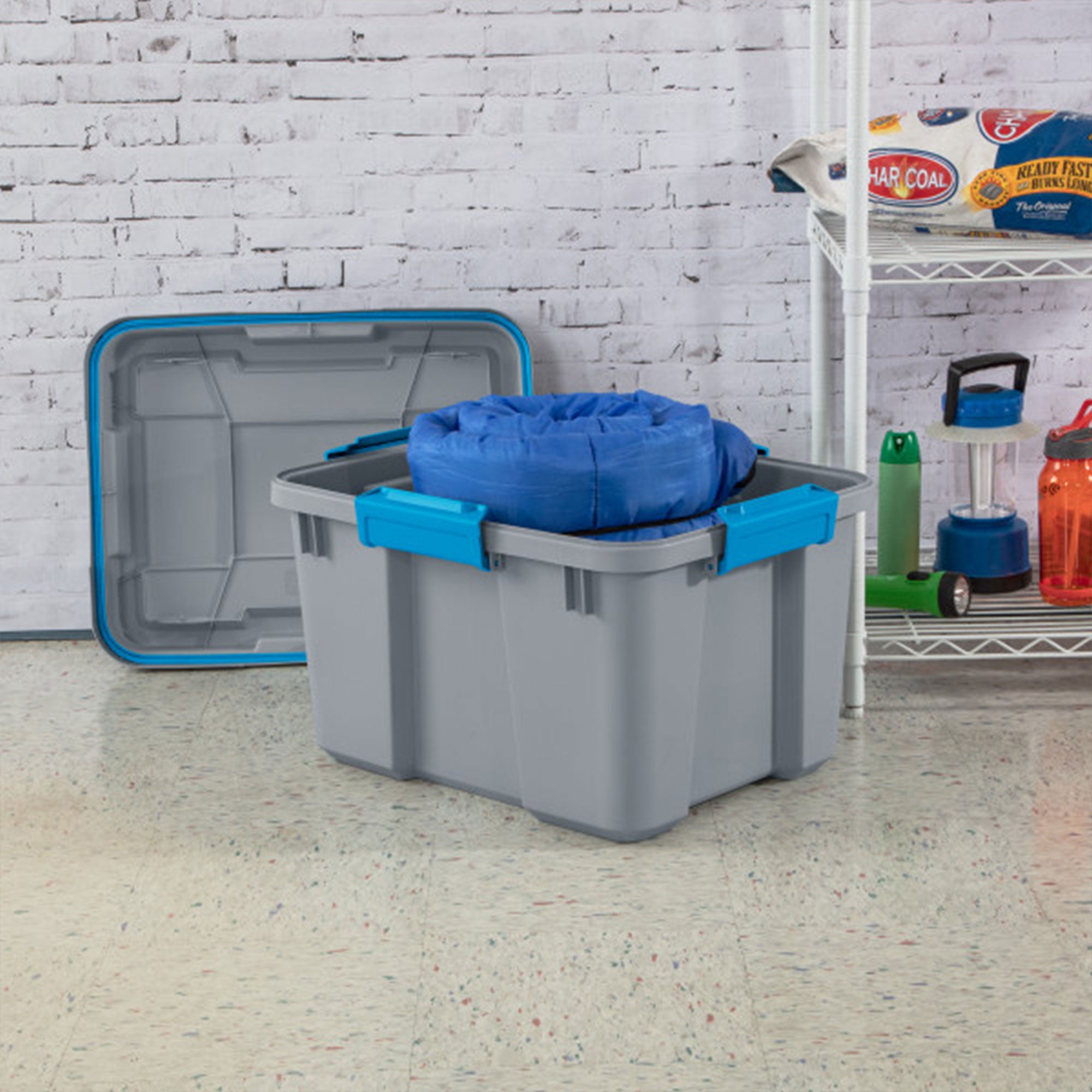 Sterilite 20 Gallon Plastic Gasket Storage Container w/ Lid, Cement Gray/Blue - VMInnovations