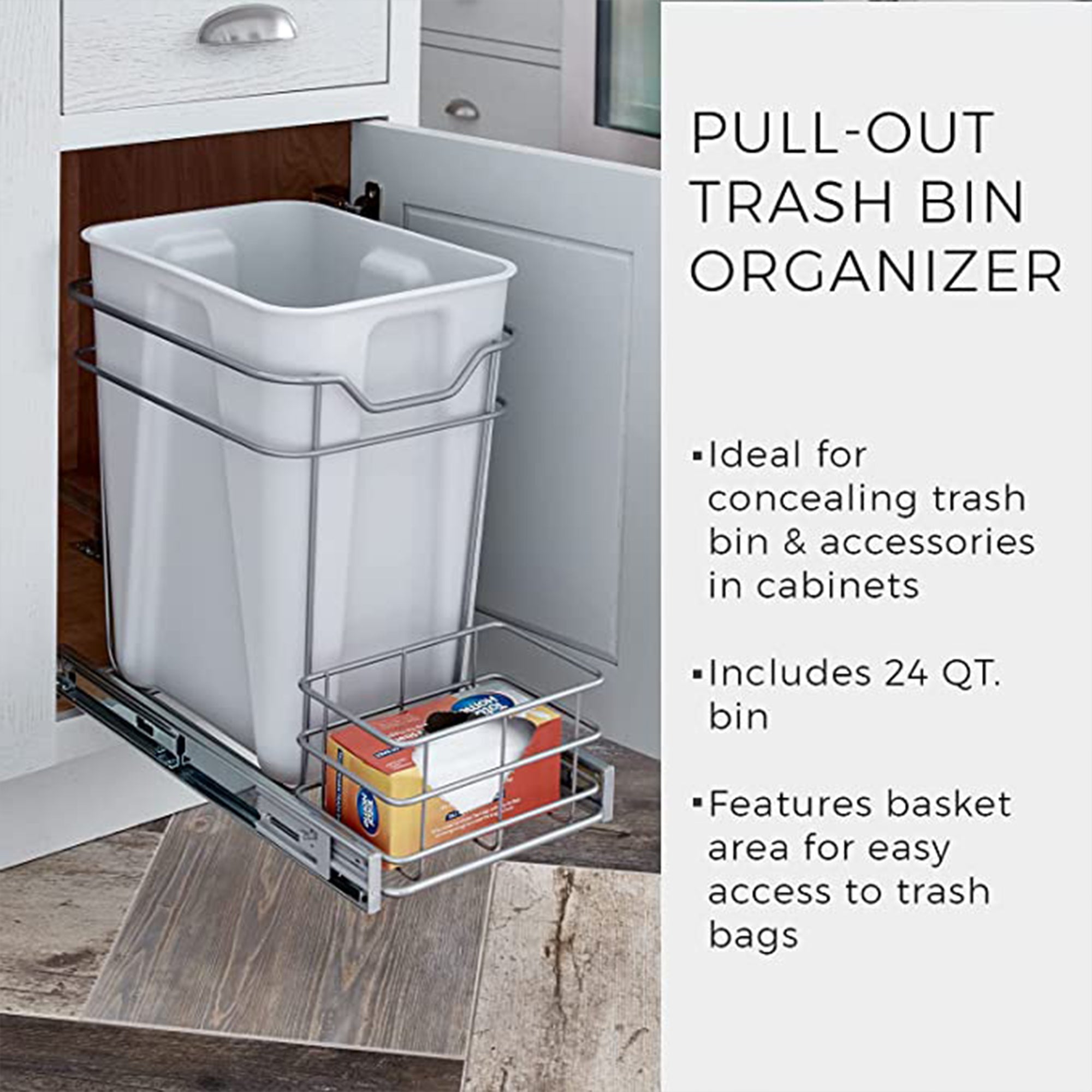 ClosetMaid Premium 24 Quart Cabinet Pull Out Trash Bin, Platinum (Open Box) - VMInnovations