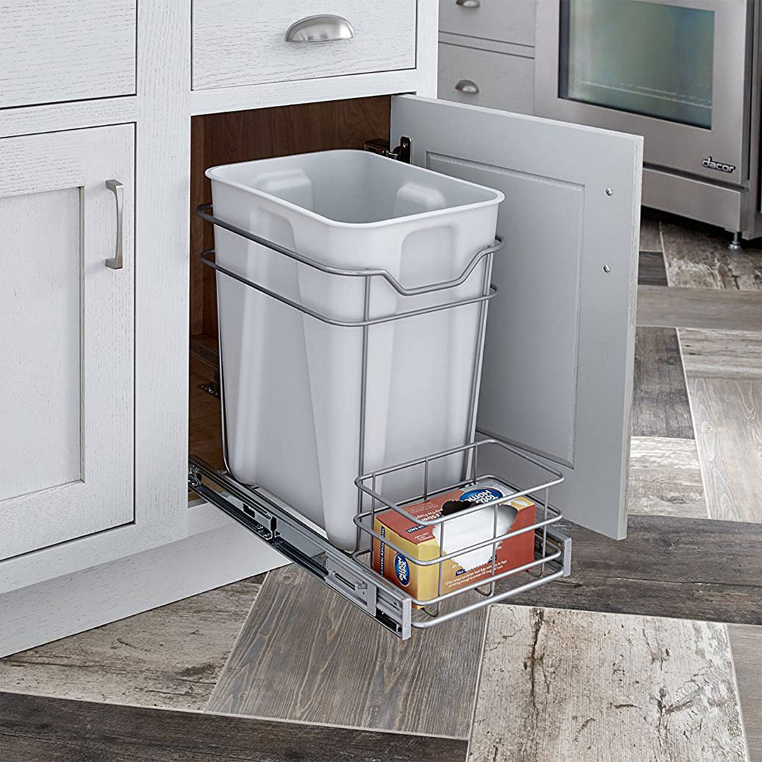ClosetMaid Premium 24 Quart Cabinet Sliding Pull Out Trash Bin, Platinum (Used) - VMInnovations