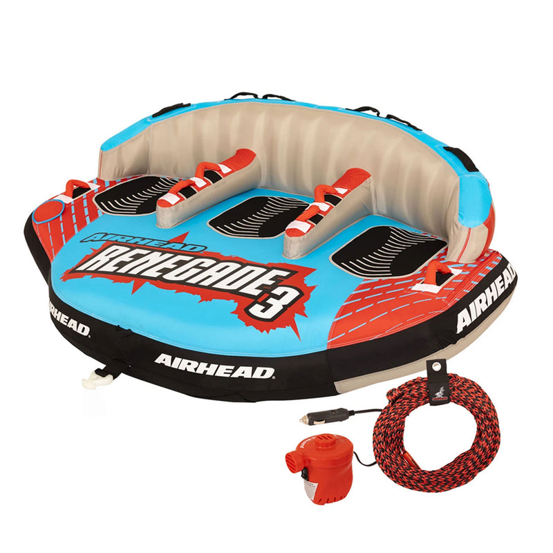 Airhead Renegade 3 Person Inflatable Towable Water Tube Kit w/ Boat Rope & Pump - VMInnovations