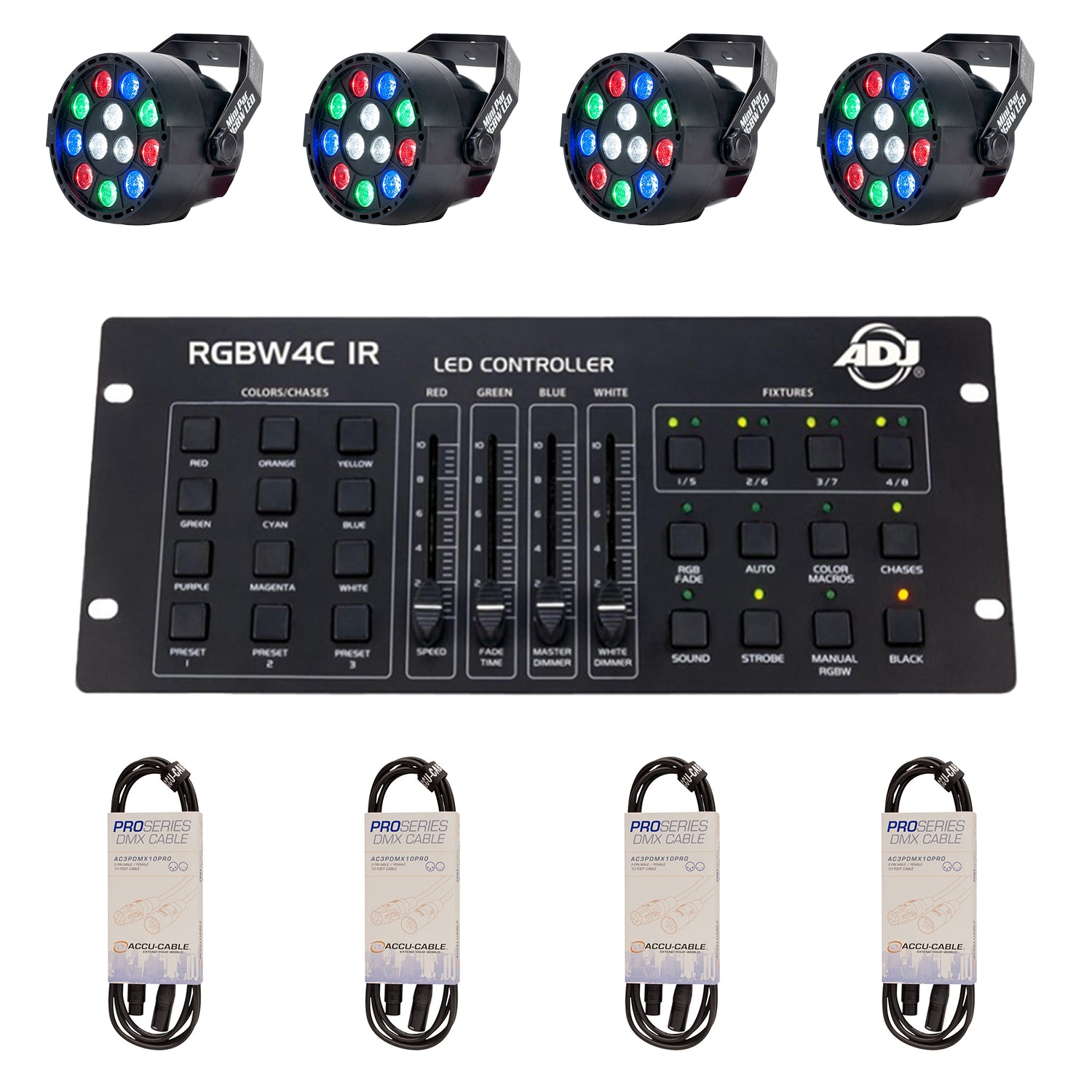 ADJ 1W LED Hanging Light Fixture (4 Pack) & Lighting Controller & Cable (4 Pack)