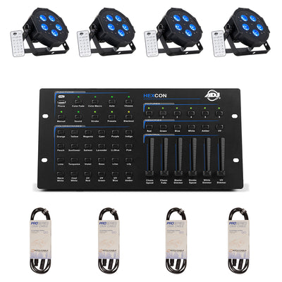 ADJ Mega Hex LED Can Light (4 Pack) & DJ Controller & DMX 10 Ft Cable (4 Pack) - VMInnovations