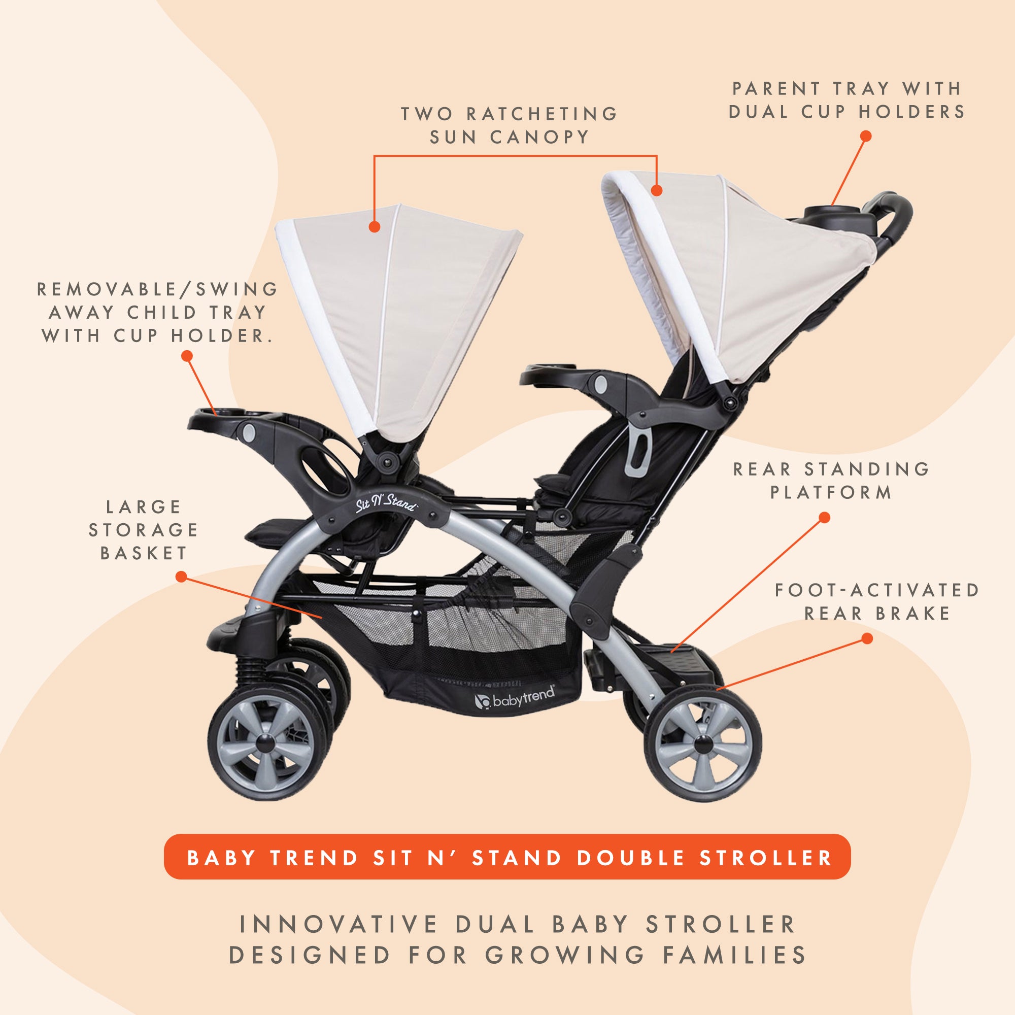 Baby Trend Sit N' Stand Easy Fold Travel Toddler & Baby Double Stroller, Khaki - VMInnovations