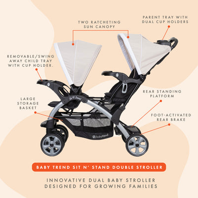 Baby Trend Sit N' Stand Easy Fold Travel Toddler & Baby Double Stroller, Khaki - VMInnovations