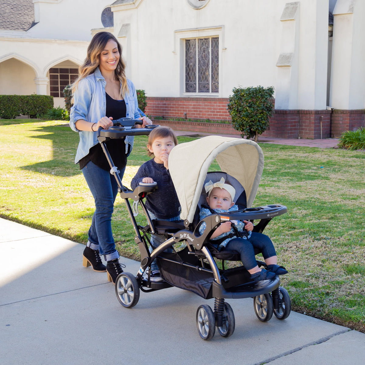 Baby Trend Sit N Stand Travel Compact Toddler Baby Double Stroller, Modern Khaki (Refurbished)