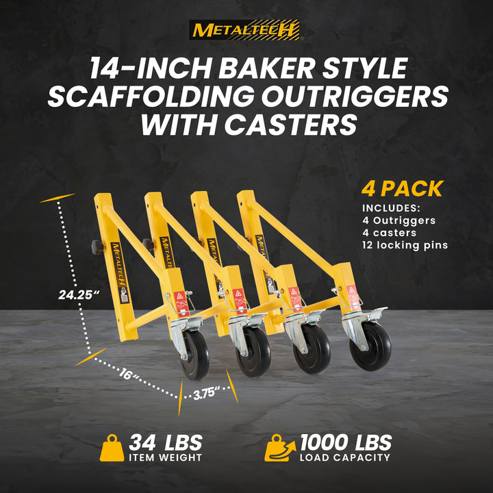 MetalTech Set of 14-Inch Baker Style Scaffolding Outriggers with Casters, 4 Pack