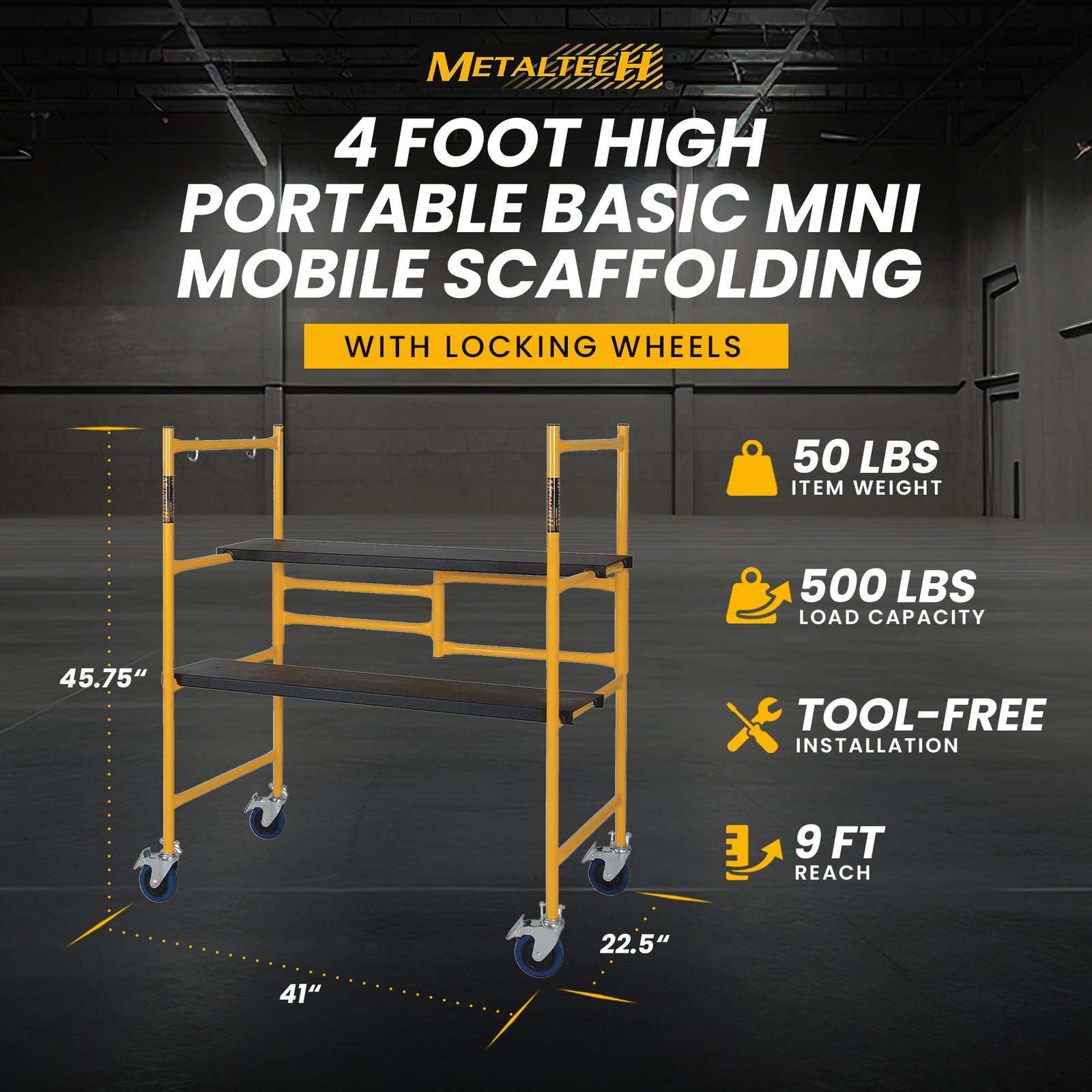 MetalTech 4 Foot High Portable Basic Mini Mobile Scaffolding with Locking Wheels - VMInnovations