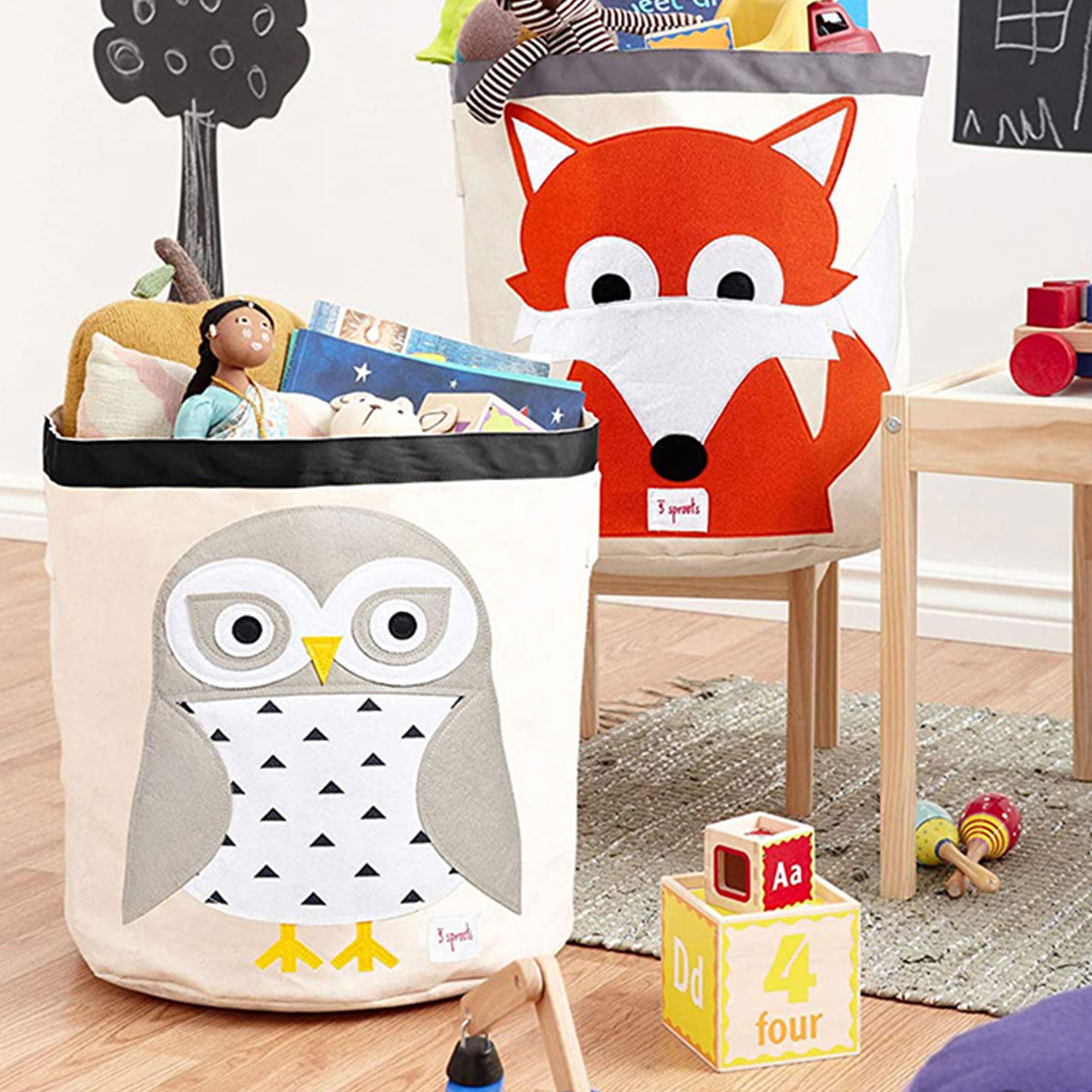 3 Sprouts Canvas Storage Bin & Toy Basket for Baby & Toddlers, Owl & Deer