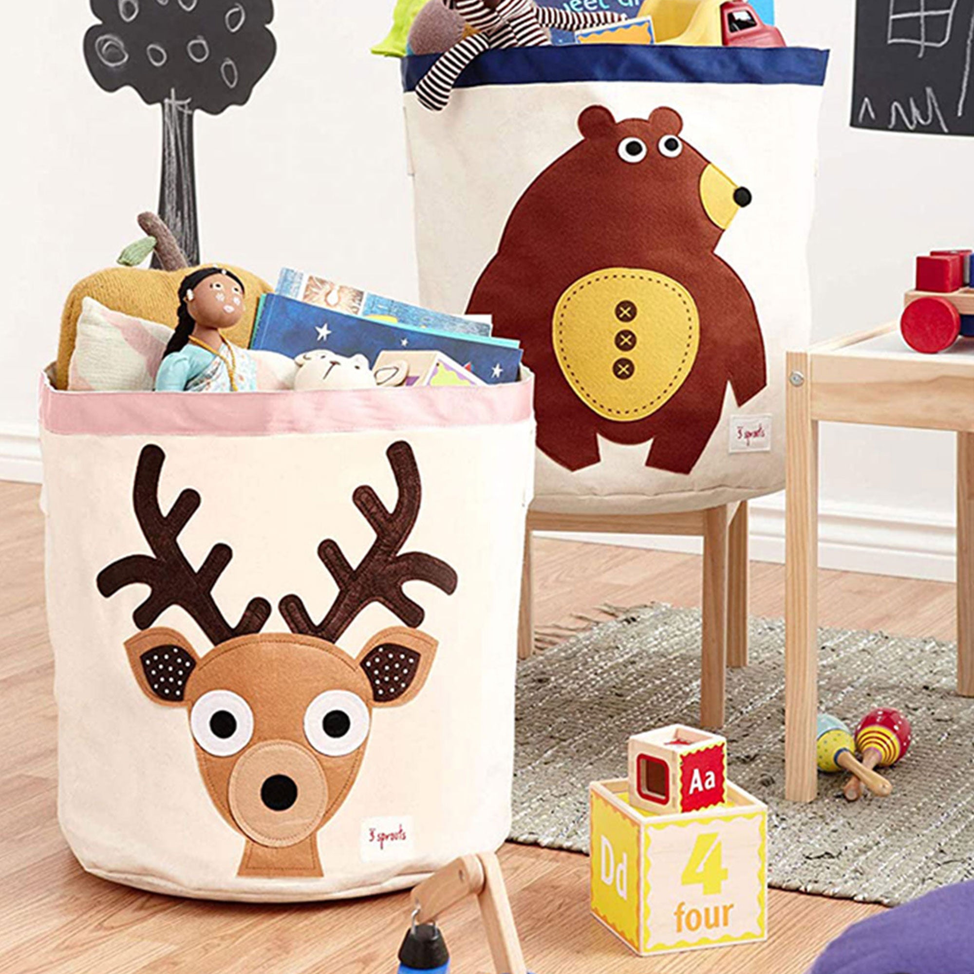 3 Sprouts Canvas Storage Bin & Toy Basket for Baby & Toddlers, Owl & Deer