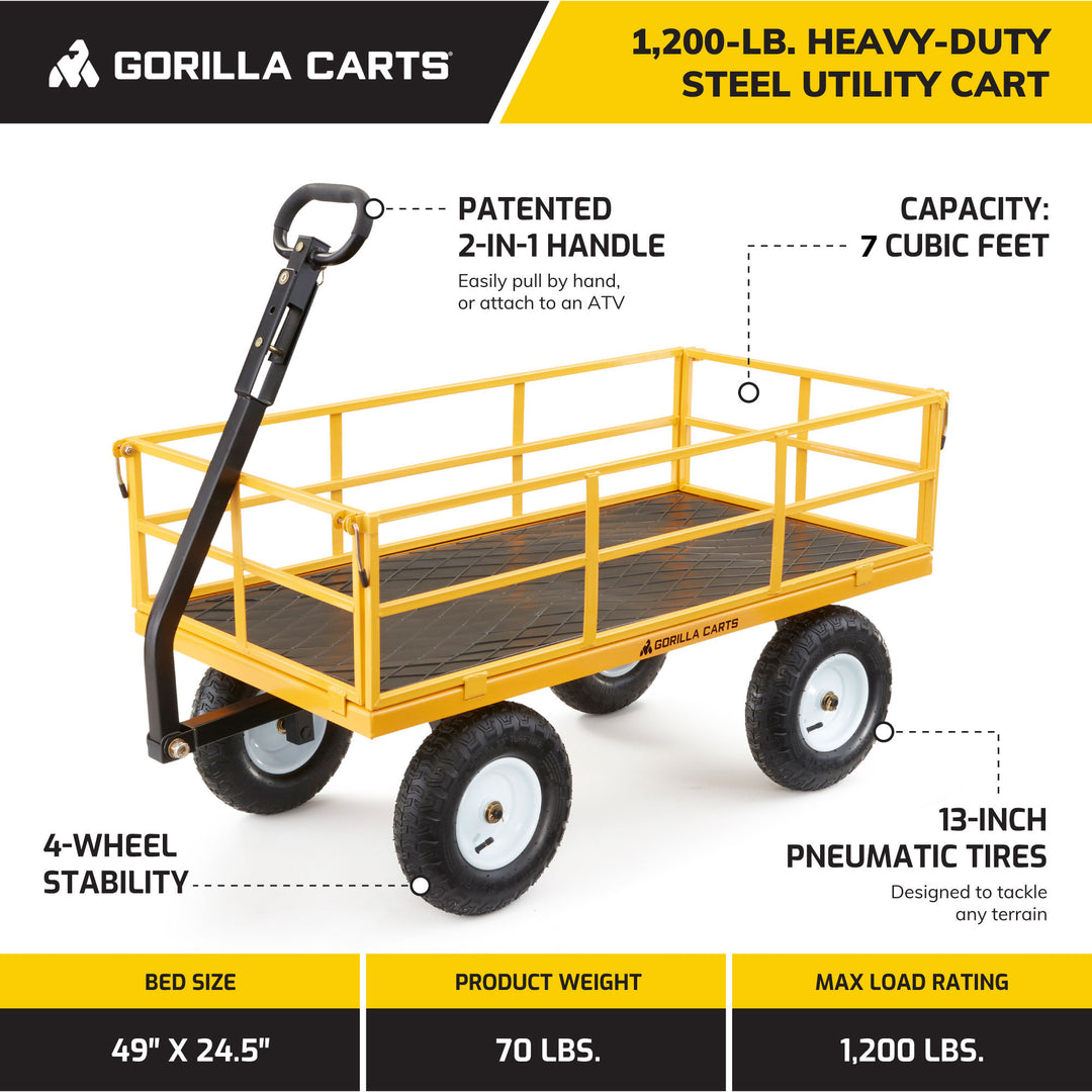 Gorilla Carts Steel Utility Cart, 7 Cu Ft Garden Wagon w/Removable Sides, Yellow - VMInnovations