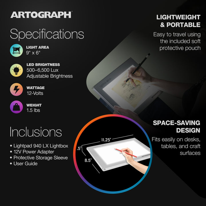 Artograph LightPad 920 LX, 9" x 6" Dimmable LED Light Box for Drawing & Tracing