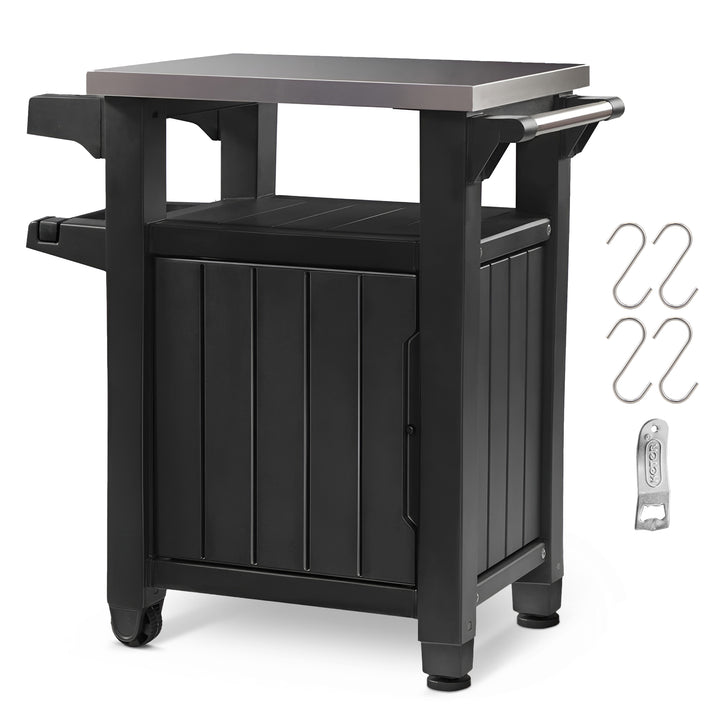 Keter Unity 40 Gal Patio Storage Grilling Bar Cart w/ Stainless Steel Top, Grey - VMInnovations