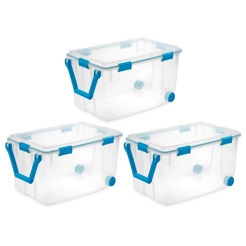 Sterilite 120 Qt Wheeled Gasket Box Stackable Storage Bin with Latch Lid, 3 Pack