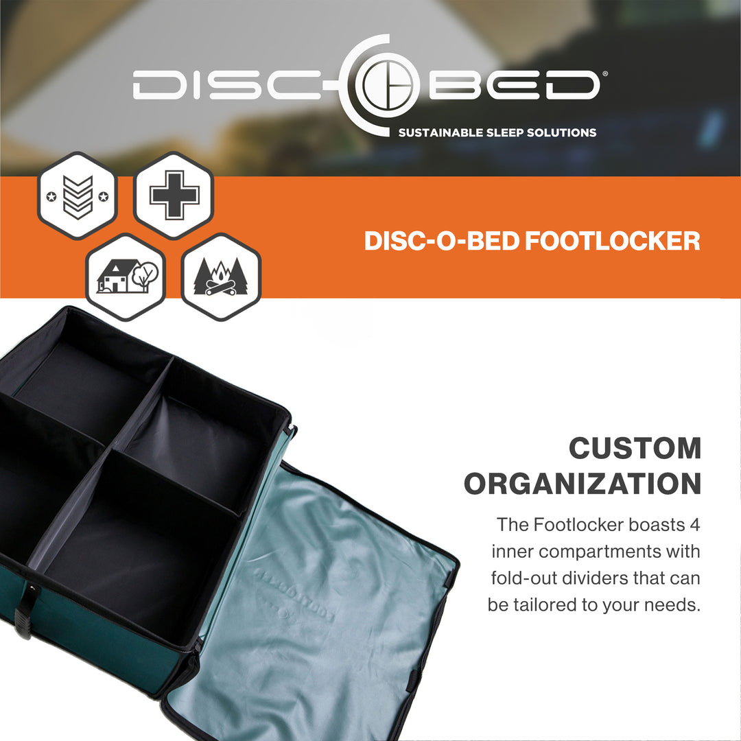 Disc-O-Bed Footlocker, Expandable Under Cot Storage for Camping Gear, Green - VMInnovations