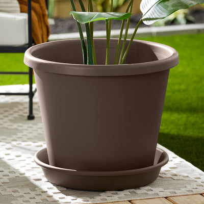 HC Companies Classic Plastic 21 Inch Round Flower Plant Pot Deep Saucer, Brown