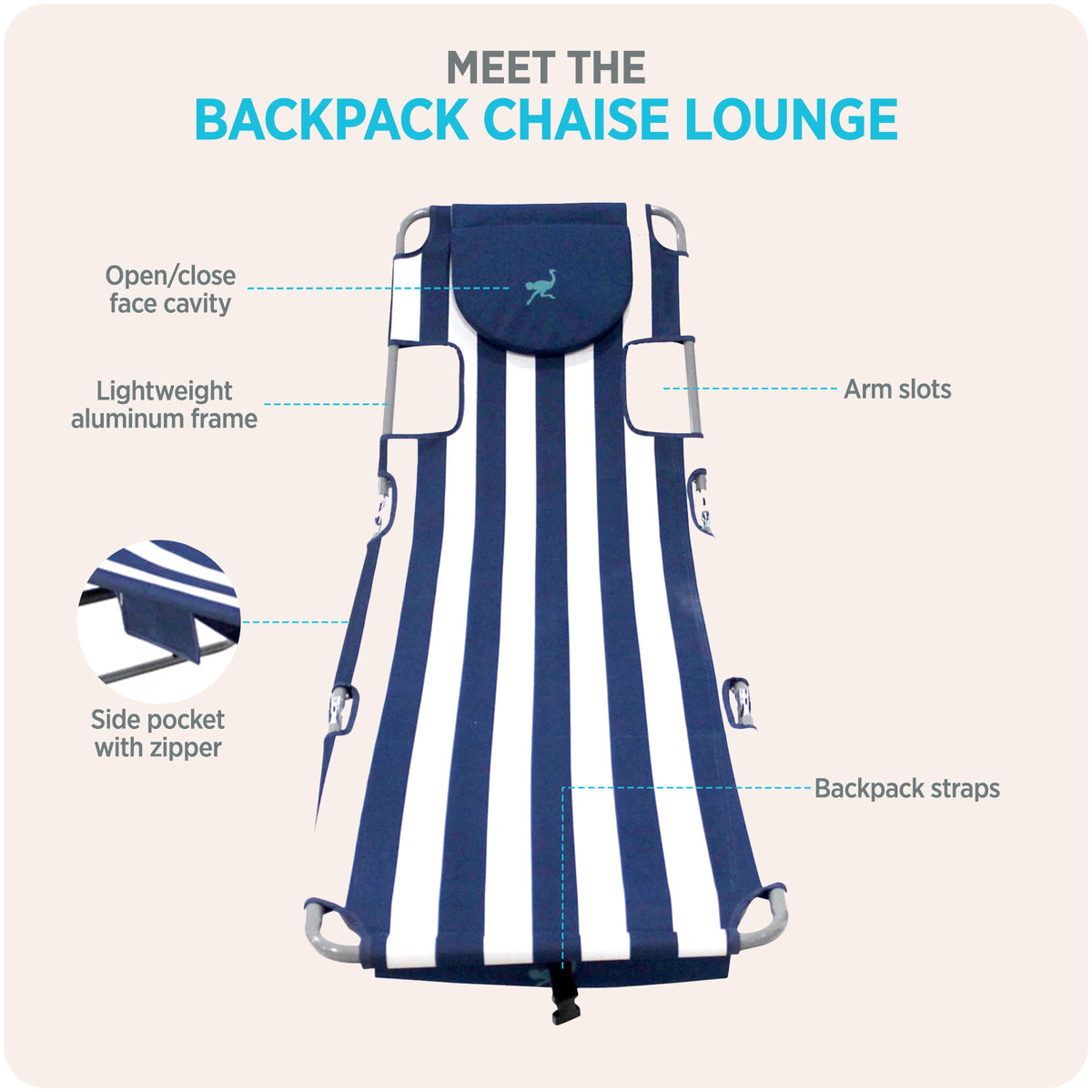 Ostrich Backpack Chaise Lounge, Beach Camping Chair with Storage Bag (Open Box)