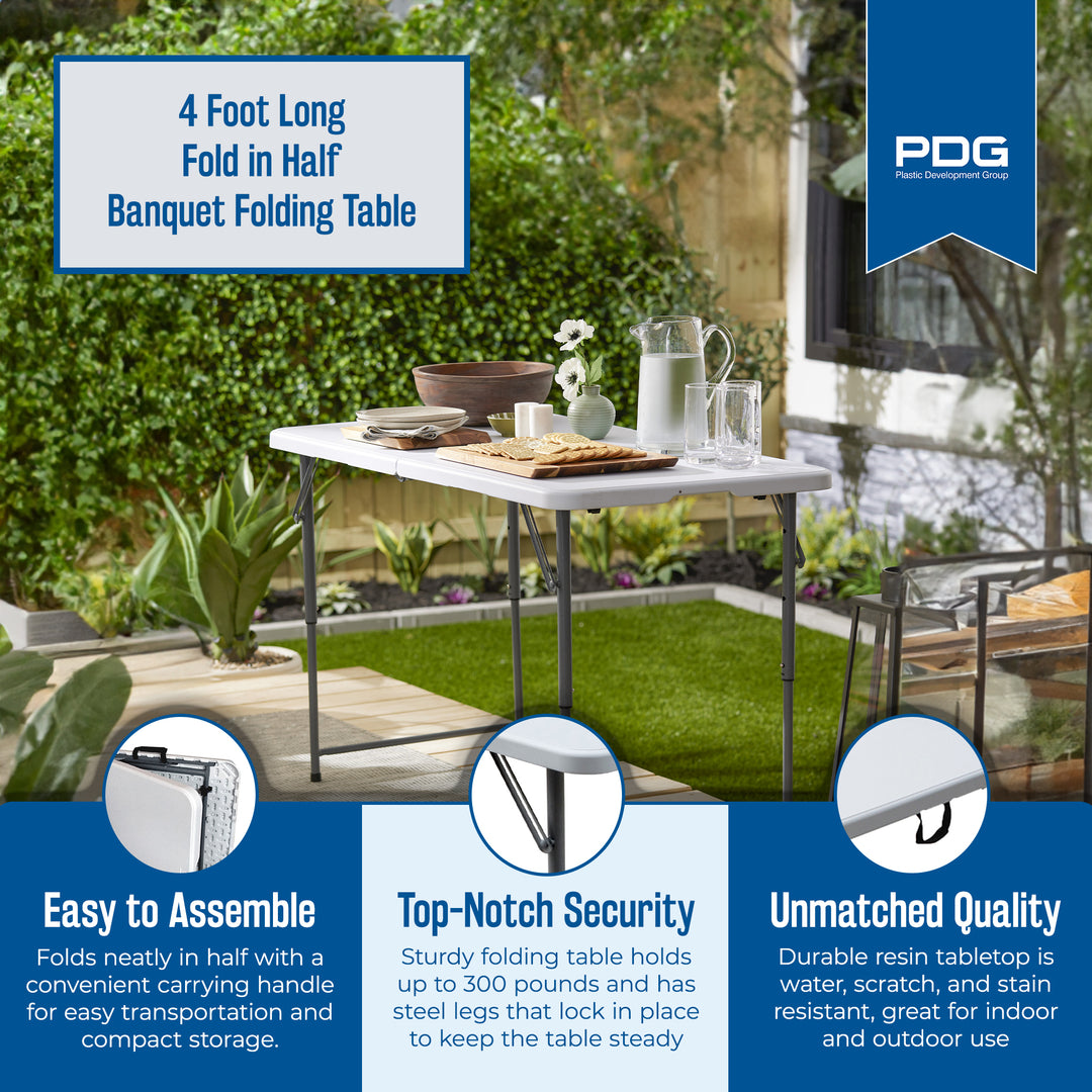 Plastic Development Group 4 Foot Long Fold in Half Banquet Folding Table, White - VMInnovations