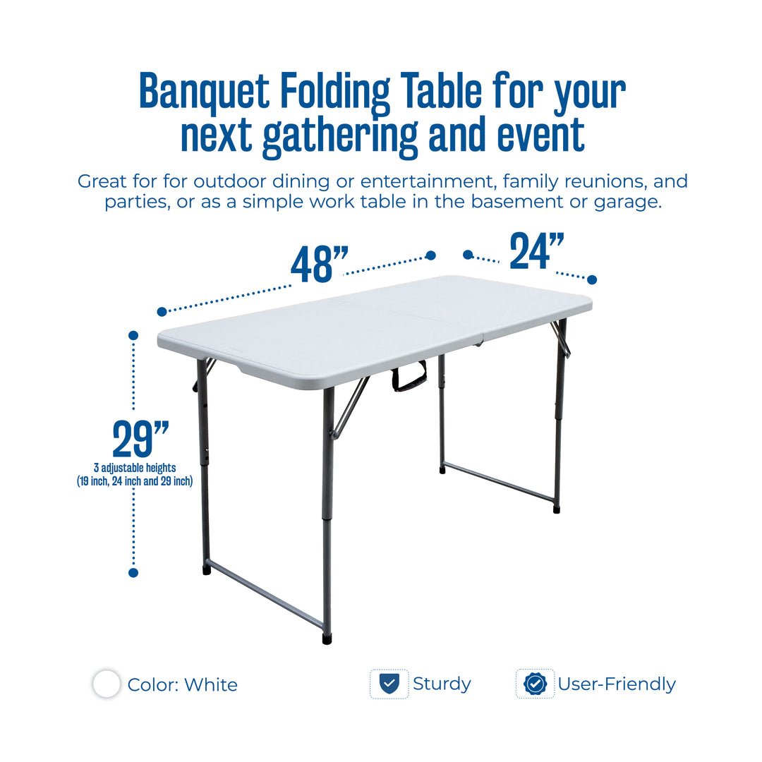 Plastic Development Group 4 Foot Long Fold in Half Banquet Folding Table, White - VMInnovations