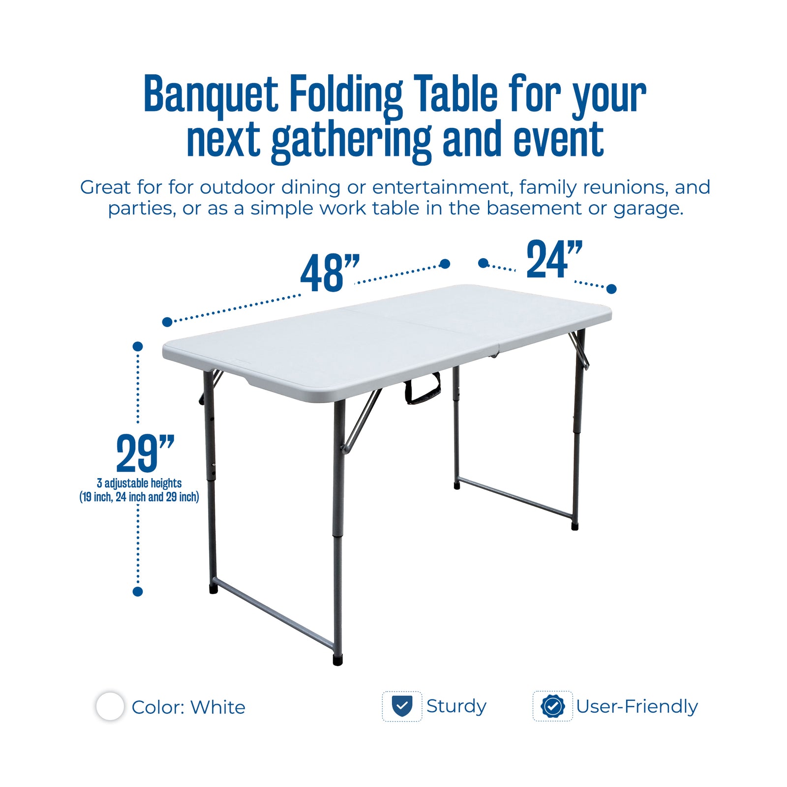 Plastic Development Group 4 Foot Long Fold in Half Banquet Folding Table, White - VMInnovations