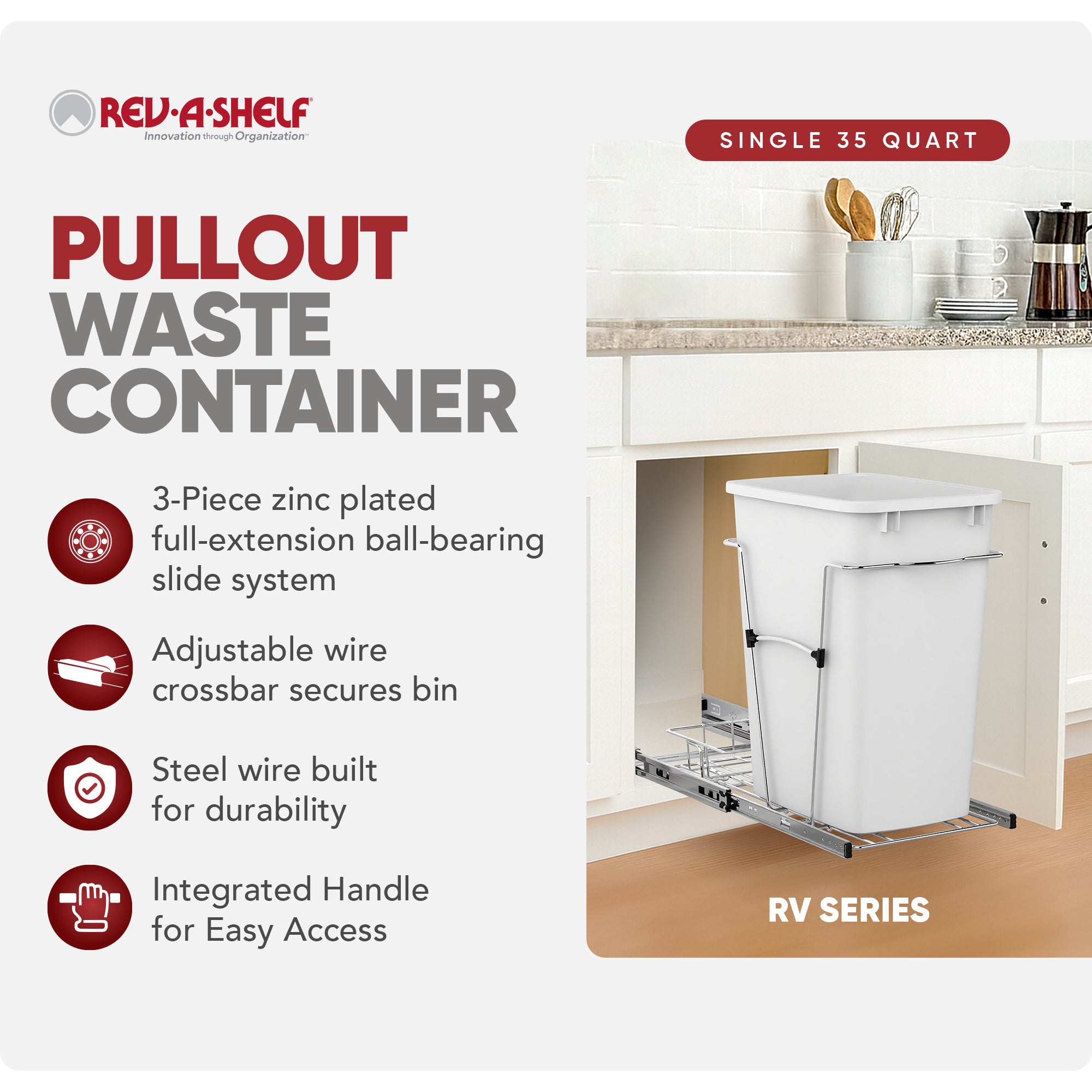 Rev-A-Shelf Single 35 Quart Pull Out Waste Container for Kitchens (Open Box)
