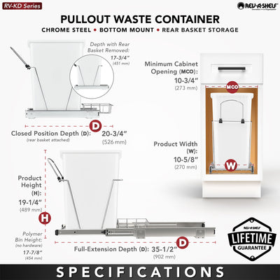 Rev-A-Shelf Pull Out Trash Can 35 Qt for Kitchen Cabinets, White, RV-12KD-11C S