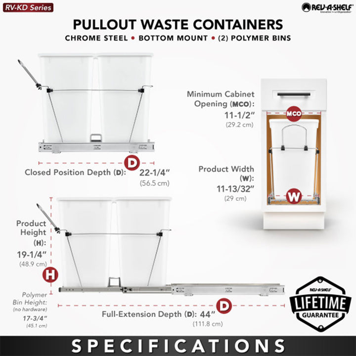 Rev-A-Shelf Double Pullout Trash Can 27 qt. for Kitchen, White, RV-15KD-11C S