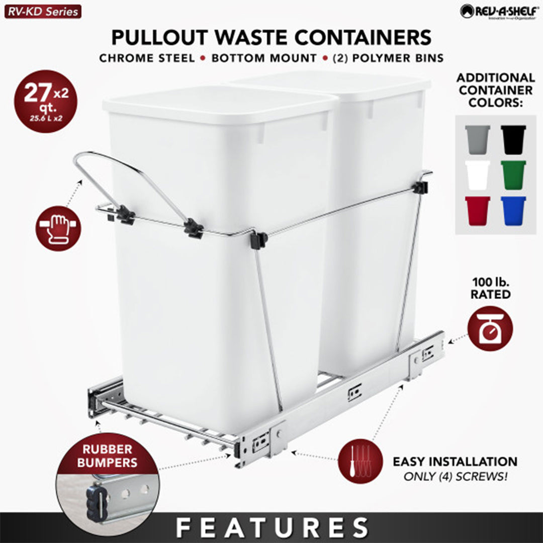 Rev-A-Shelf Double Pullout Trash Can 27 qt. for Kitchen, White, RV-15KD-11C S