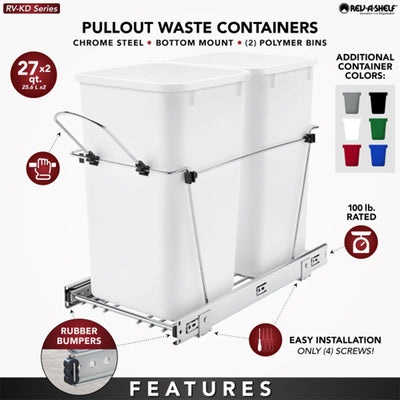 Rev-A-Shelf Double Pullout Trash Can 27 qt. for Kitchen, White, RV-15KD-11C S