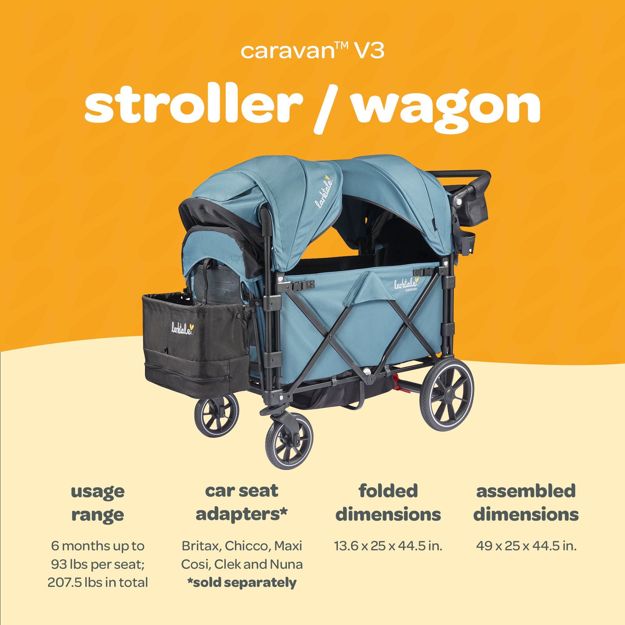 Larktale Caravan V3 Stroller, 2-Seater Kids Wagon, 207 lb Capacity, Seaford Blue - VMInnovations
