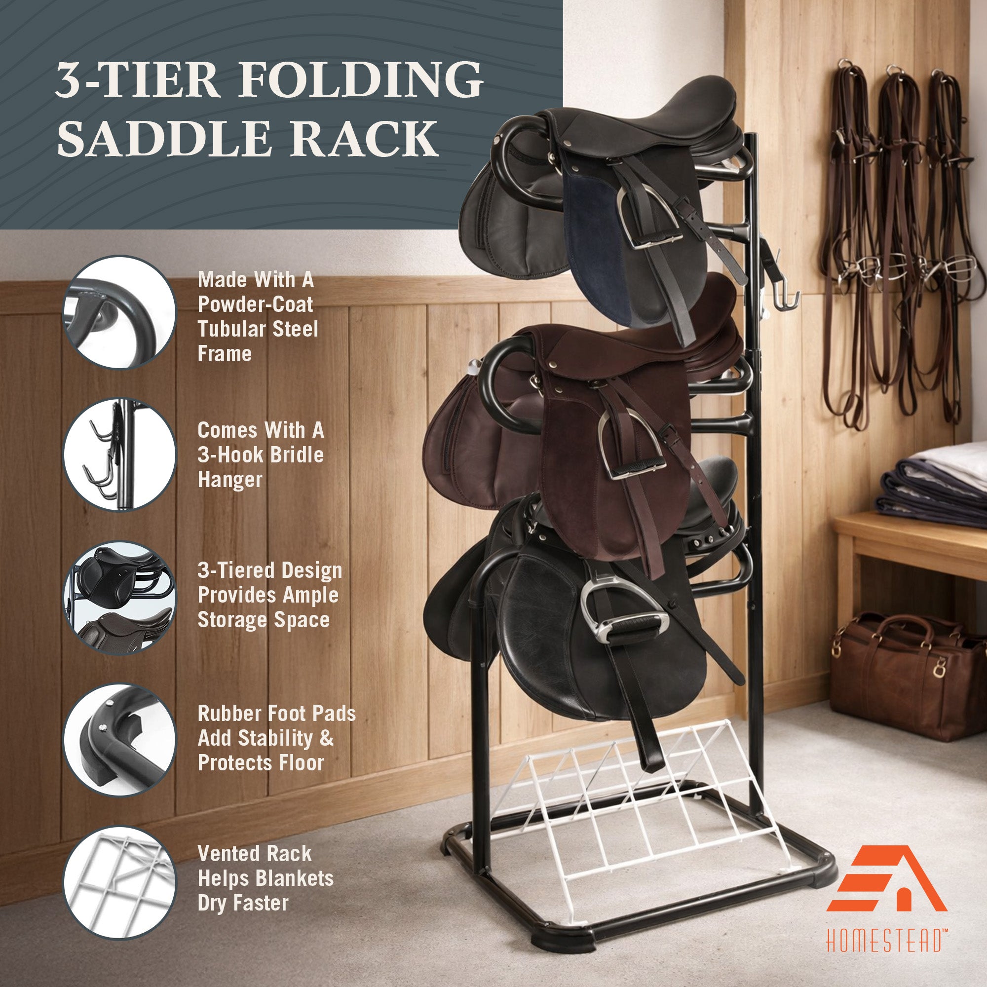 HOMESTEAD 3-Tier Saddle Rack, Horse Saddle Stand w/ Rotating Tiers & Bridle Rack