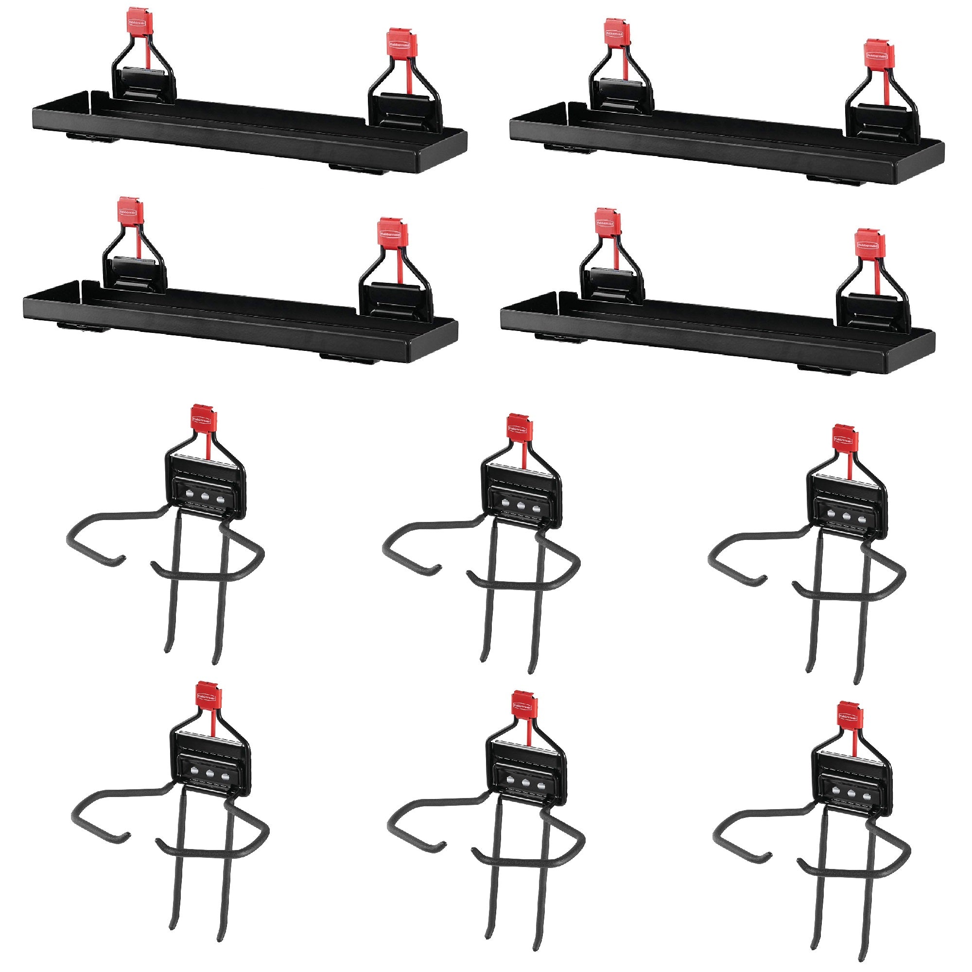 Rubbermaid Metal Shed Shelf (4 Pack) & Large Mounted Power Tool Holder (6 Pack)